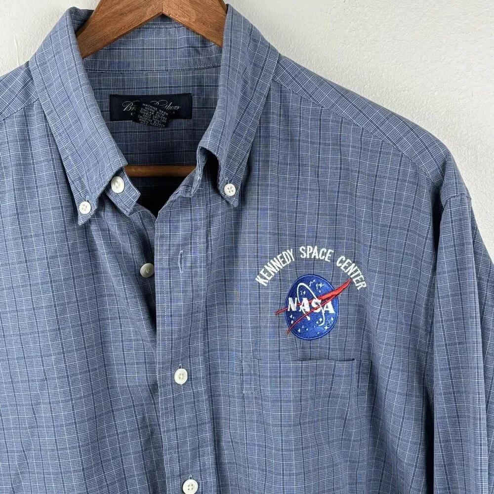 Brooks Brothers Men’s Large Shirt NASA Blue Check Dress Shirt Cotton Long Sleeve